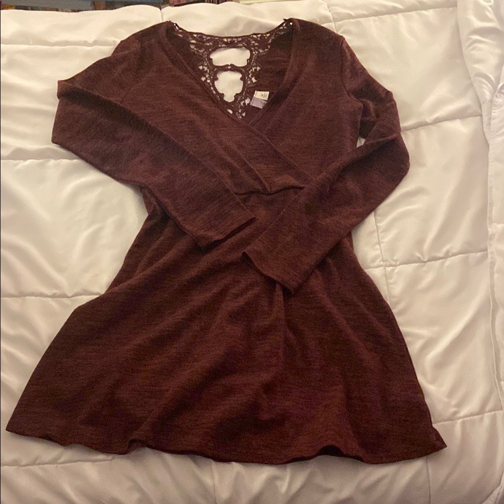 Alya Maroon Long Sleeve Dress with Lace Detail